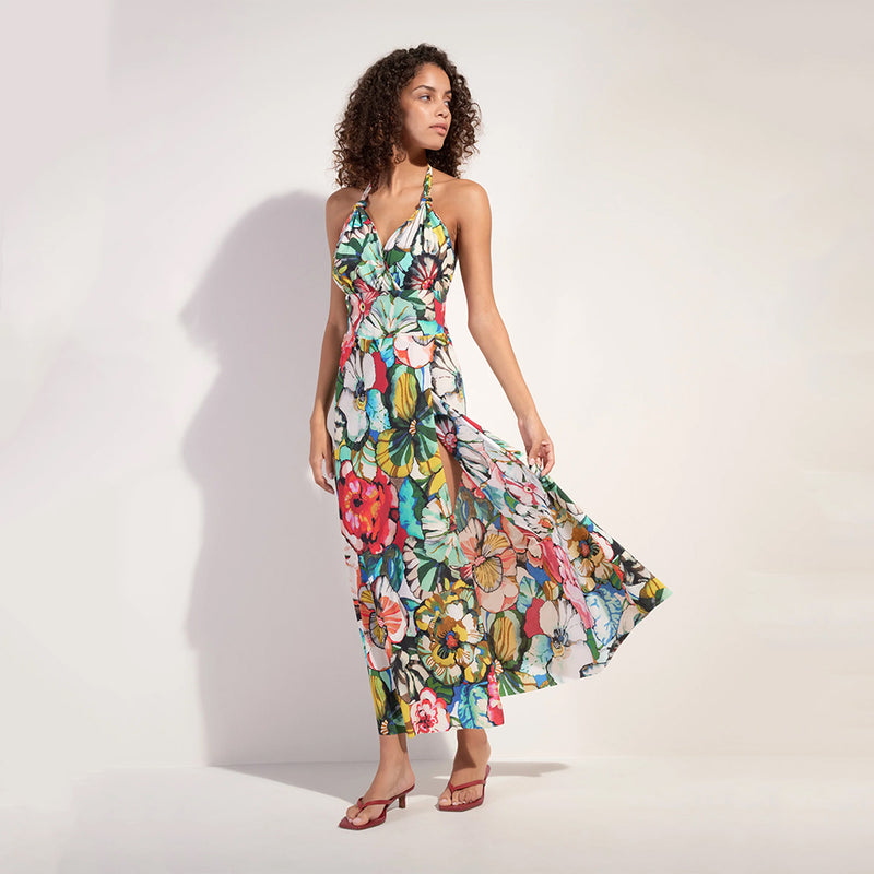 Rona Flower Print Long Wrap Dress