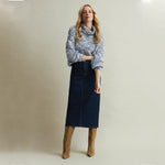 red button denim skirt